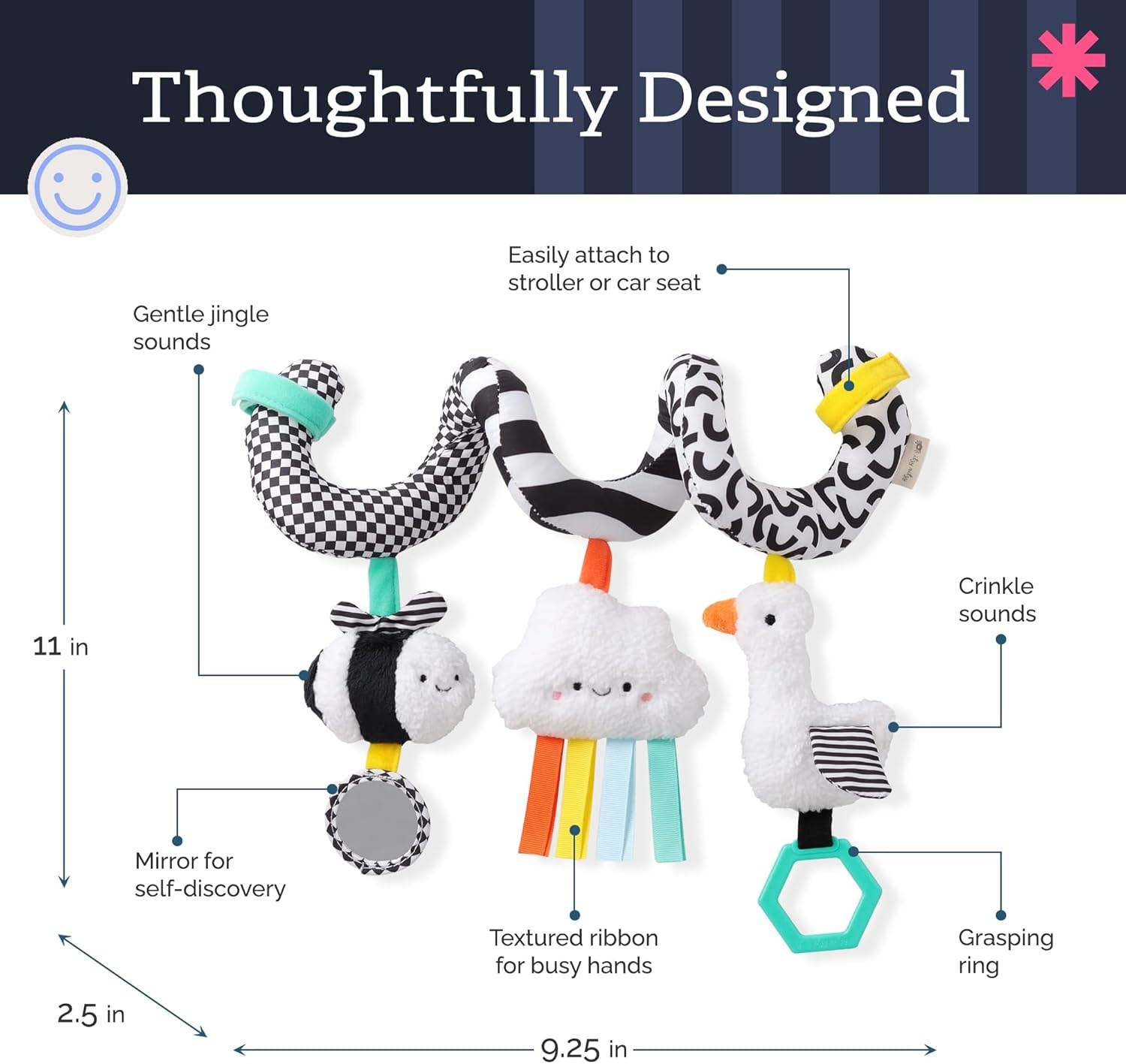 image:imageItzy Ritzy Spiral Car Seat amp Stroller Activity Toy Stroller amp Car Seat Toys for Ages 0 Months and Up Hanging Toys Include Clinking Rings Mirror and Textured Ribbons RainbowHigh Contrast