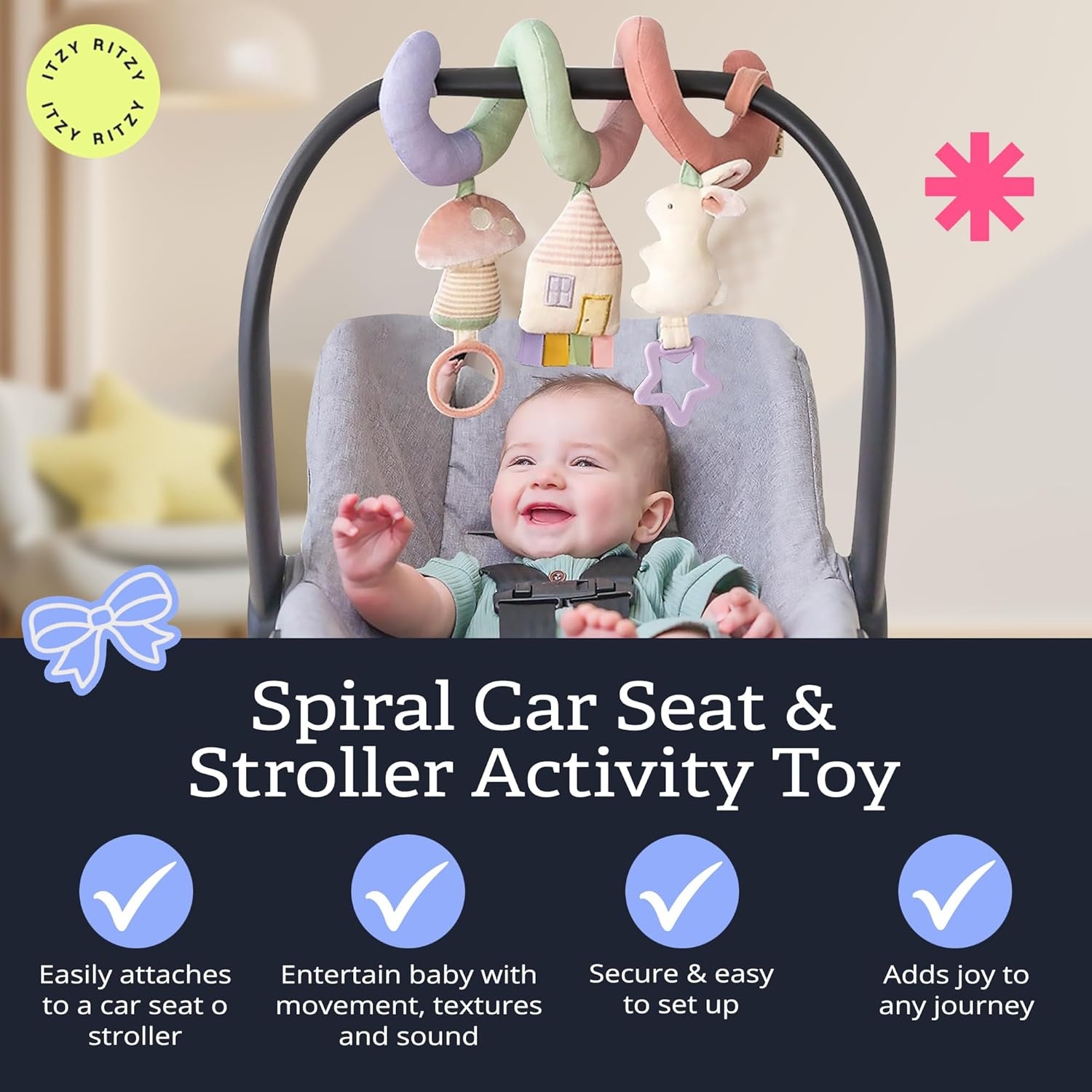 image:imageItzy Ritzy Spiral Car Seat amp Stroller Activity Toy Stroller amp Car Seat Toys for Ages 0 Months and Up Hanging Toys Include Clinking Rings Mirror and Textured Ribbons RainbowPastel Rainbow