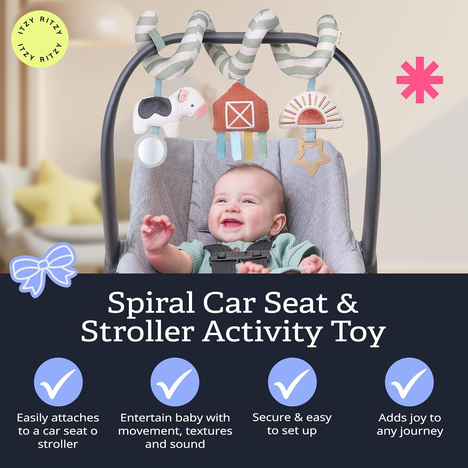 image:imageItzy Ritzy Spiral Car Seat amp Stroller Activity Toy Stroller amp Car Seat Toys for Ages 0 Months and Up Hanging Toys Include Clinking Rings Mirror and Textured Ribbons RainbowFarm