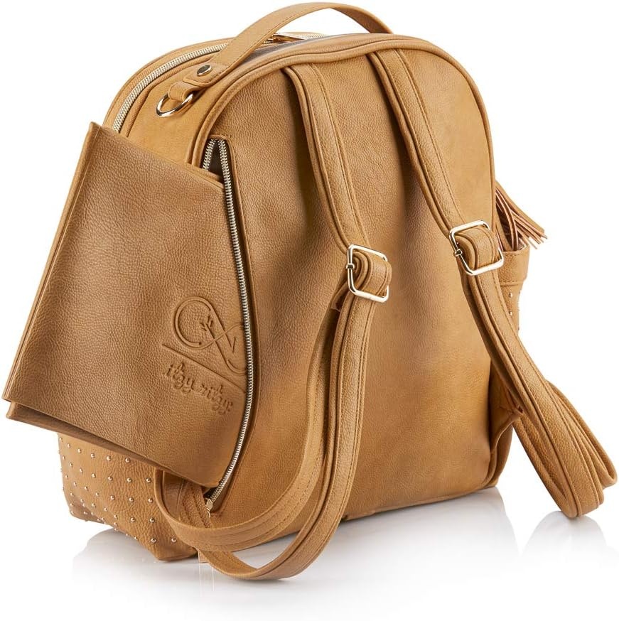 image:imageChelsea Cole for Itzy Ritzy Mini Diaper Bag Backpack Studded Mini Backpack with Changing Pad 8 Pockets Rubber Feet amp Tassel Caramel with Sweetheart Print Interior and Gold Hardware
