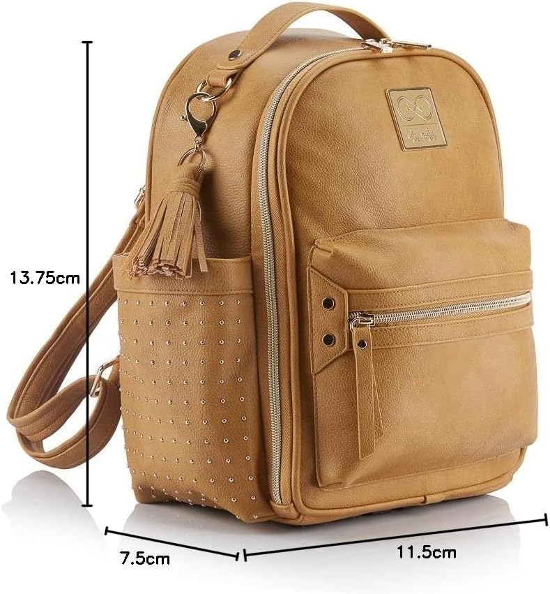 image:imageChelsea Cole for Itzy Ritzy Mini Diaper Bag Backpack Studded Mini Backpack with Changing Pad 8 Pockets Rubber Feet amp Tassel Caramel with Sweetheart Print Interior and Gold Hardware
