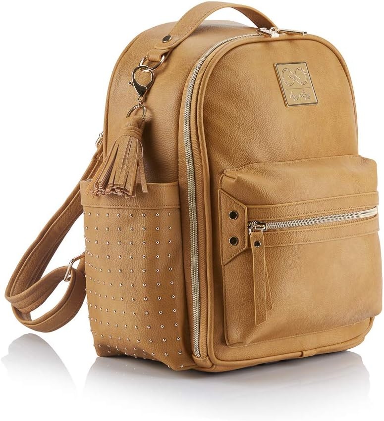 image:imageChelsea Cole for Itzy Ritzy Mini Diaper Bag Backpack Studded Mini Backpack with Changing Pad 8 Pockets Rubber Feet amp Tassel Caramel with Sweetheart Print Interior and Gold Hardware