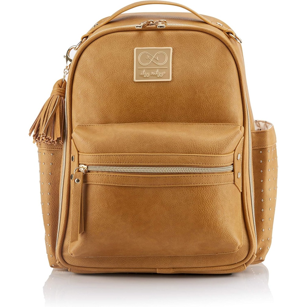 image:imageChelsea Cole for Itzy Ritzy Mini Diaper Bag Backpack Studded Mini Backpack with Changing Pad 8 Pockets Rubber Feet amp Tassel Caramel with Sweetheart Print Interior and Gold Hardware