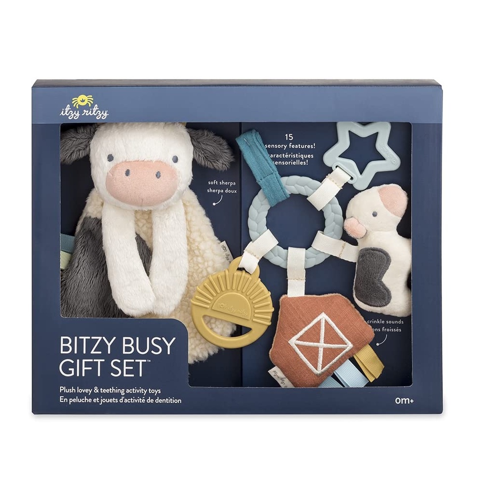 image:imageItzy Ritzy Teething Toy Gift Set Includes Cow Lovey amp BarnThemed Busy Ring Car Seat and Stroller Toy Features Crinkle Sounds Engaging Textures amp Silicone Teething Relief FarmFarm