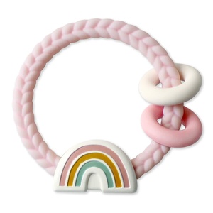 image:imageItzy Ritzy Silicone Teether with Rattle  Rattle Teether Features Rattle Sound Three Silicone Teething Rings and Raised Texture to Soothe Gums  Ages 3 Months and Up Highland CowPink Rainbow