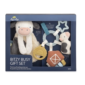 image:imageItzy Ritzy Teething Toy Gift Set  Includes Cow Lovey amp BarnThemed Busy Ring Car Seat and Stroller Toy  Features Crinkle Sounds Engaging Textures amp Silicone Teething Relief FarmFarm