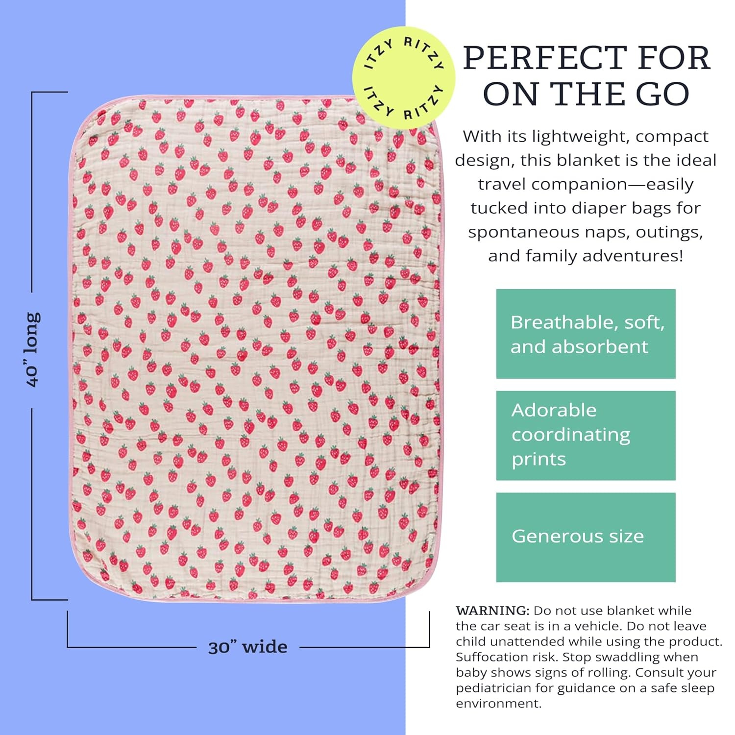 image:imageItzy Ritzy Baby Blanket Soft Cotton Muslin MultiUse Blanket Can Be Used as a Tummy Time Mat Nursing Cover Stroller Shade amp More Measures 30 x 40 Machine Washable StrawberryStrawberry