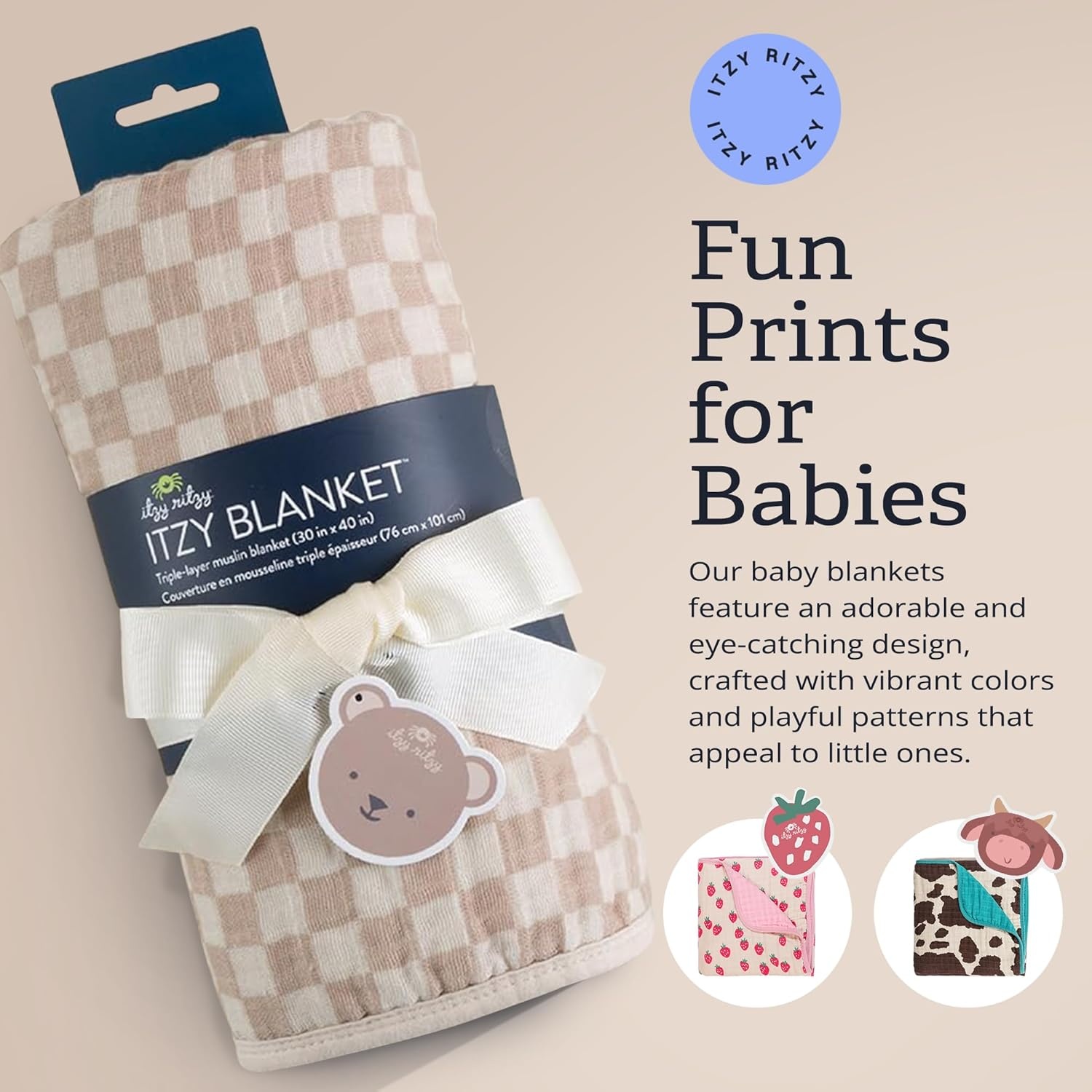 image:imageItzy Ritzy Baby Blanket Soft Cotton Muslin MultiUse Blanket Can Be Used as a Tummy Time Mat Nursing Cover Stroller Shade amp More Measures 30 x 40 Machine Washable StrawberryCheckerboard