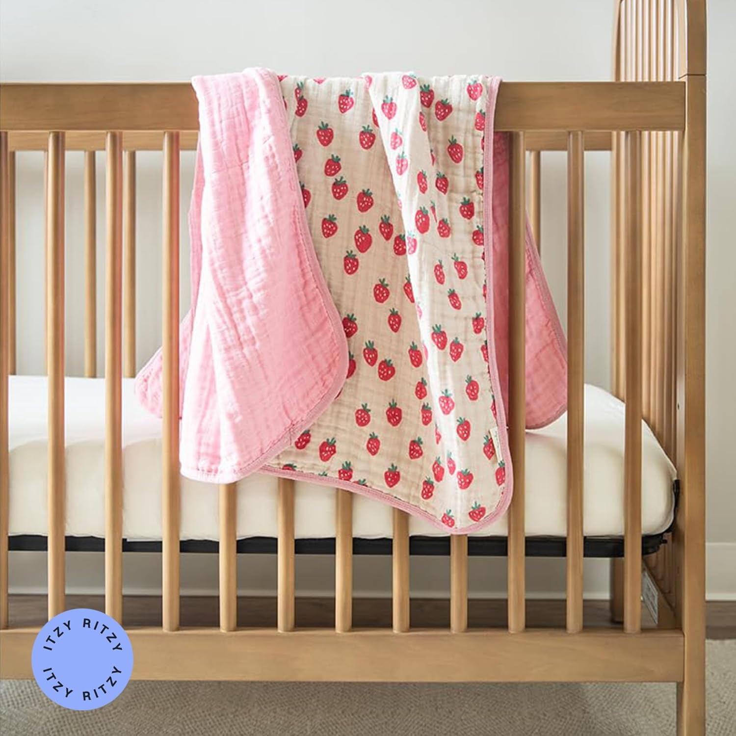 image:imageItzy Ritzy Baby Blanket Soft Cotton Muslin MultiUse Blanket Can Be Used as a Tummy Time Mat Nursing Cover Stroller Shade amp More Measures 30 x 40 Machine Washable StrawberryStrawberry