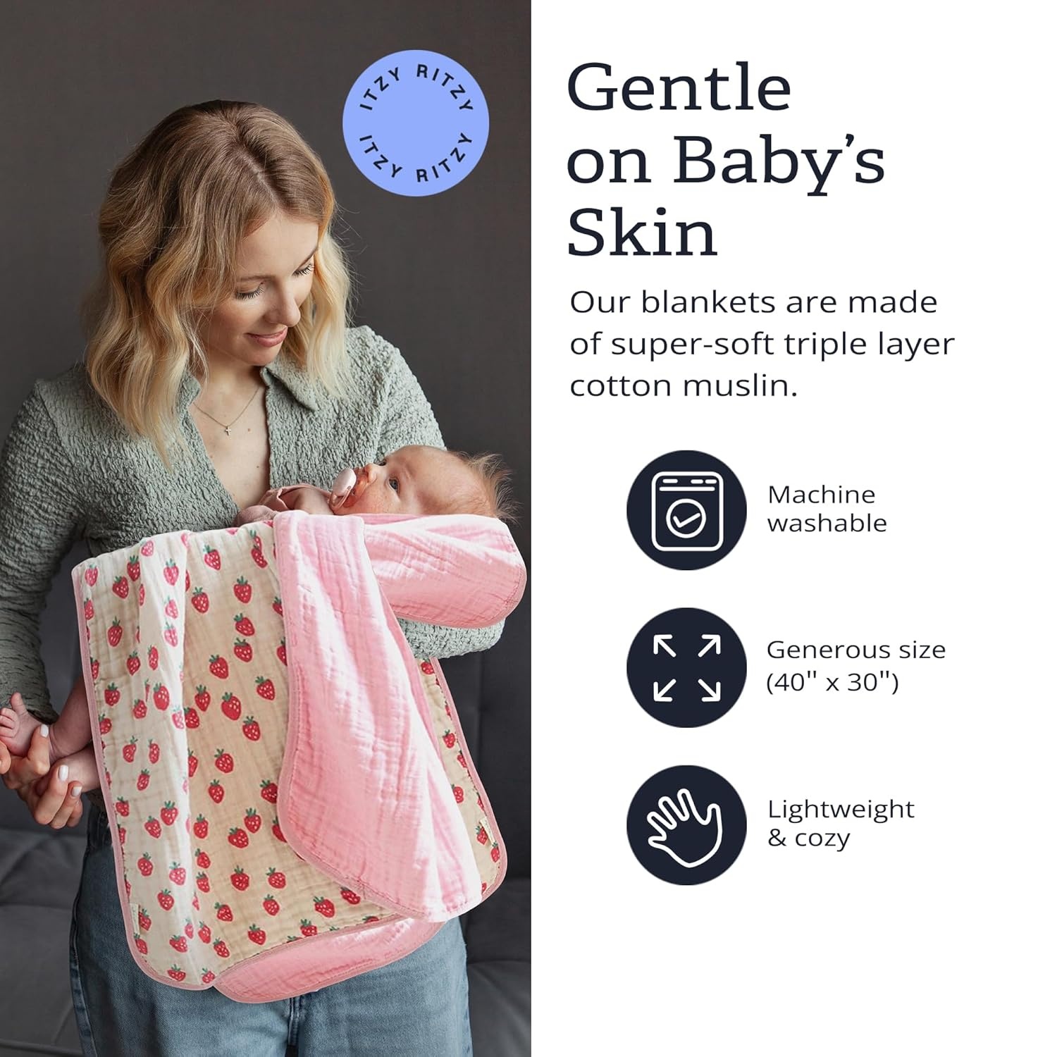 image:imageItzy Ritzy Baby Blanket Soft Cotton Muslin MultiUse Blanket Can Be Used as a Tummy Time Mat Nursing Cover Stroller Shade amp More Measures 30 x 40 Machine Washable StrawberryStrawberry