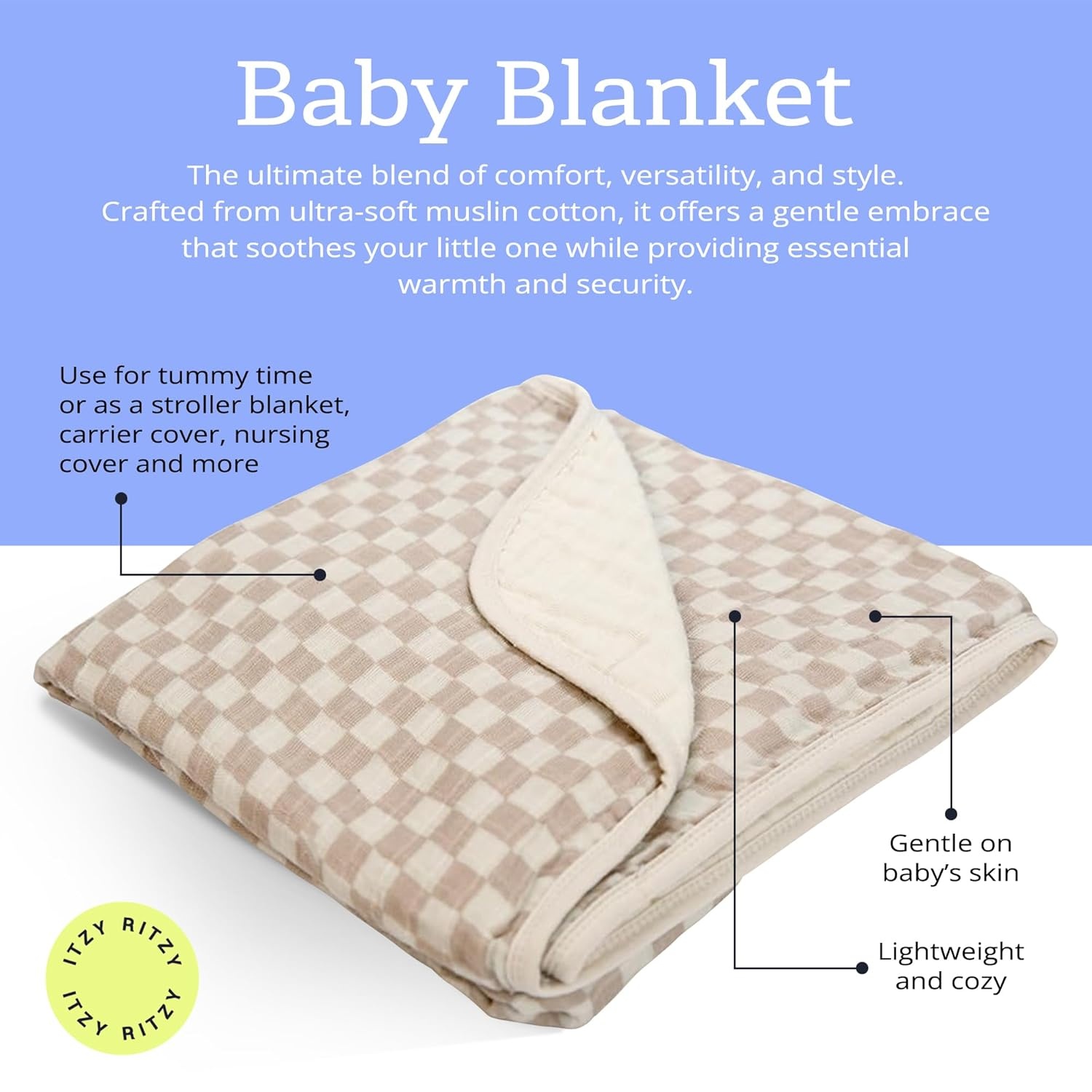 image:imageItzy Ritzy Baby Blanket Soft Cotton Muslin MultiUse Blanket Can Be Used as a Tummy Time Mat Nursing Cover Stroller Shade amp More Measures 30 x 40 Machine Washable StrawberryCheckerboard