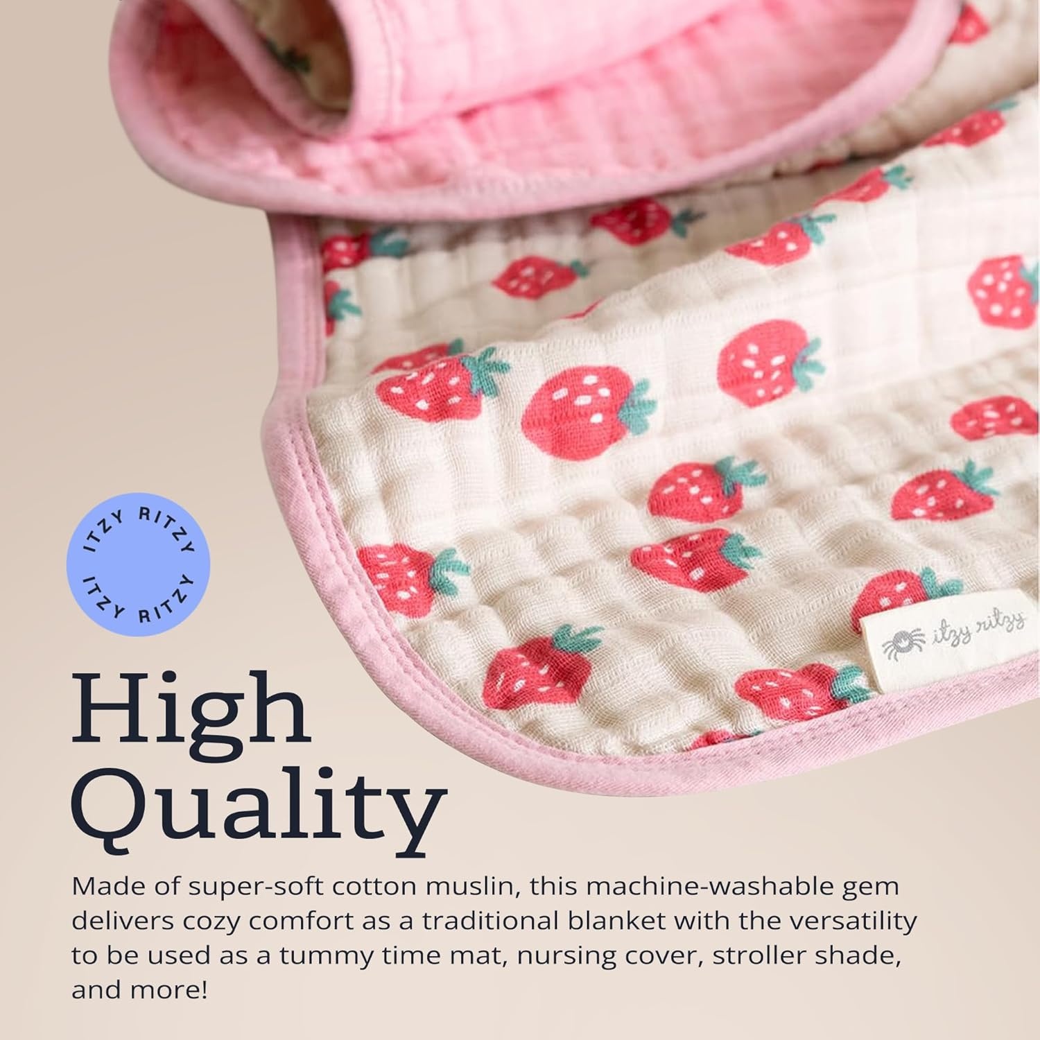 image:imageItzy Ritzy Baby Blanket Soft Cotton Muslin MultiUse Blanket Can Be Used as a Tummy Time Mat Nursing Cover Stroller Shade amp More Measures 30 x 40 Machine Washable CheckerboardStrawberry