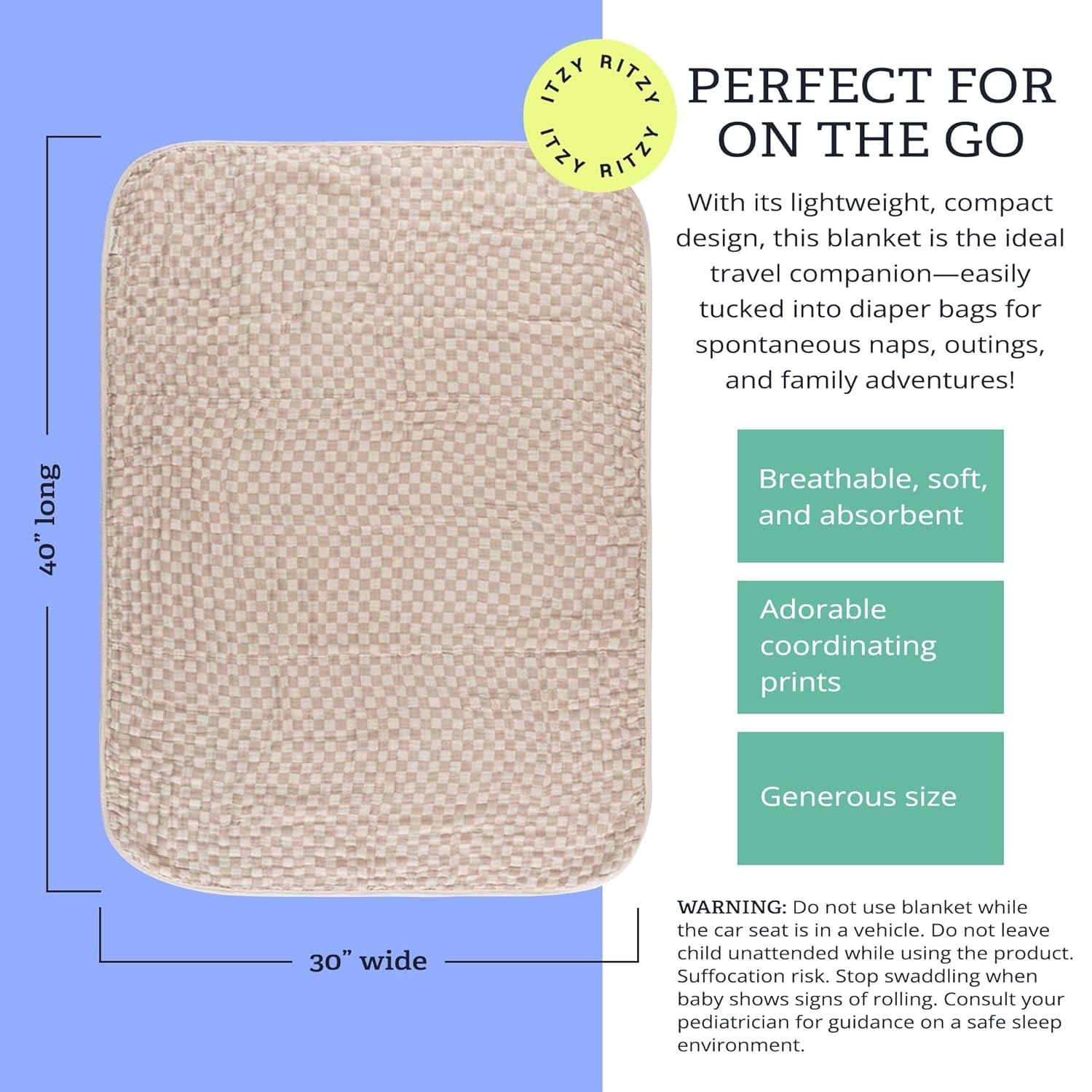 image:imageItzy Ritzy Baby Blanket Soft Cotton Muslin MultiUse Blanket Can Be Used as a Tummy Time Mat Nursing Cover Stroller Shade amp More Measures 30 x 40 Machine Washable StrawberryCheckerboard
