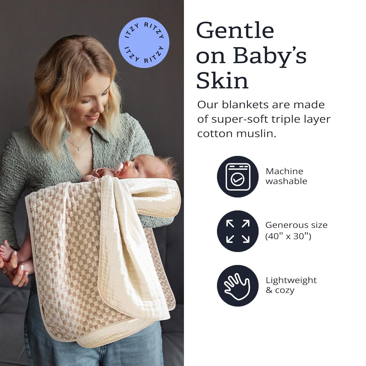 image:imageItzy Ritzy Baby Blanket Soft Cotton Muslin MultiUse Blanket Can Be Used as a Tummy Time Mat Nursing Cover Stroller Shade amp More Measures 30 x 40 Machine Washable StrawberryCheckerboard