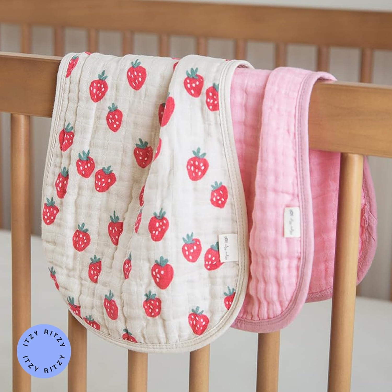 image:imageItzy Ritzy Set of 2 Baby Burp Cloths UltraSoft Absorbent Burping Cloths for Babies Made of 100 Cotton Muslin and Generously Sized with Trendy Coordinating Prints Machine Washable StrawberryStrawberry