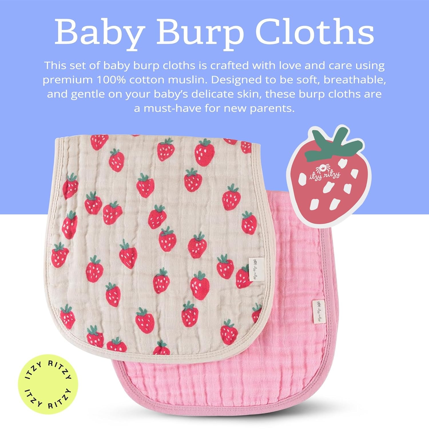 image:imageItzy Ritzy Set of 2 Baby Burp Cloths UltraSoft Absorbent Burping Cloths for Babies Made of 100 Cotton Muslin and Generously Sized with Trendy Coordinating Prints Machine Washable StrawberryStrawberry