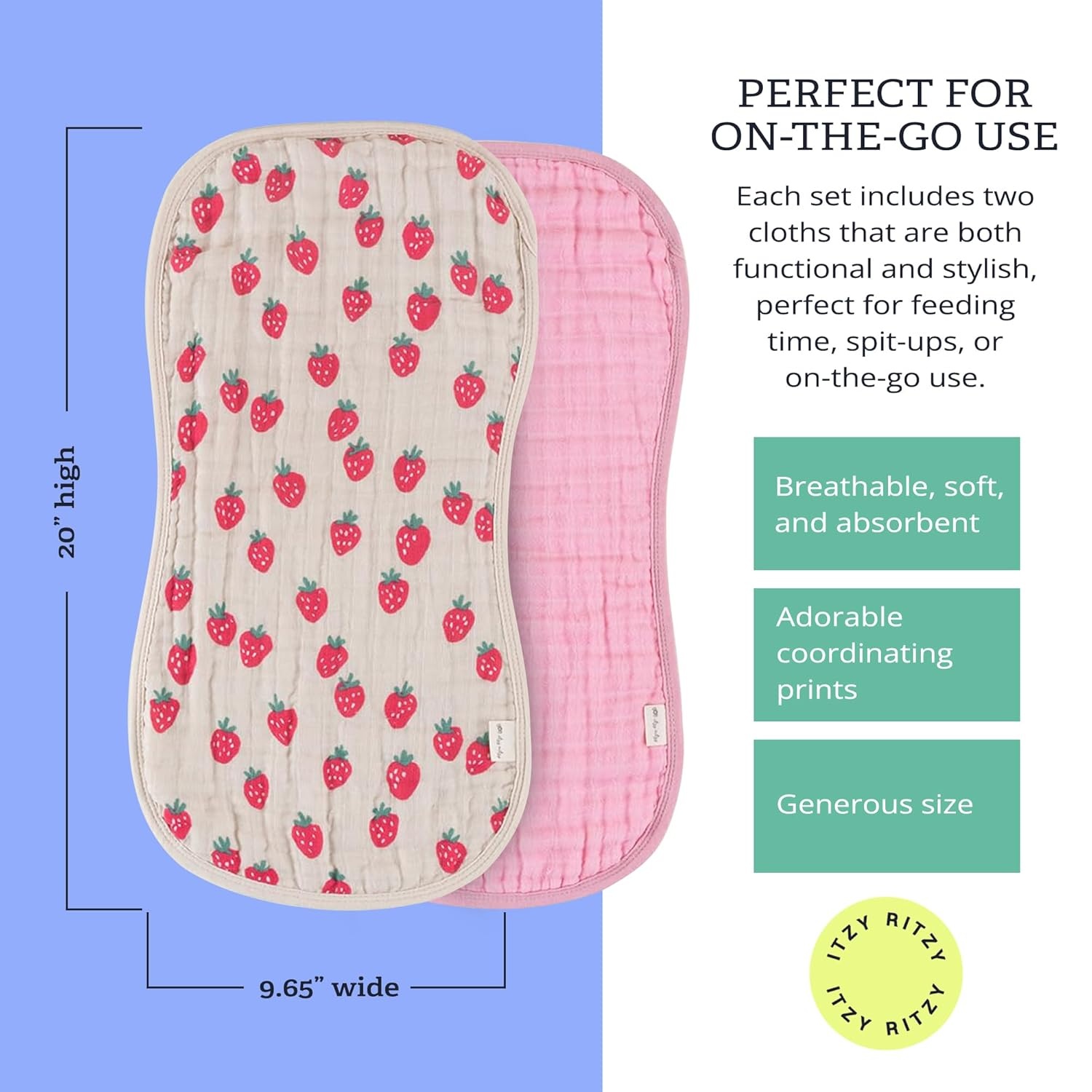 image:imageItzy Ritzy Set of 2 Baby Burp Cloths UltraSoft Absorbent Burping Cloths for Babies Made of 100 Cotton Muslin and Generously Sized with Trendy Coordinating Prints Machine Washable StrawberryStrawberry