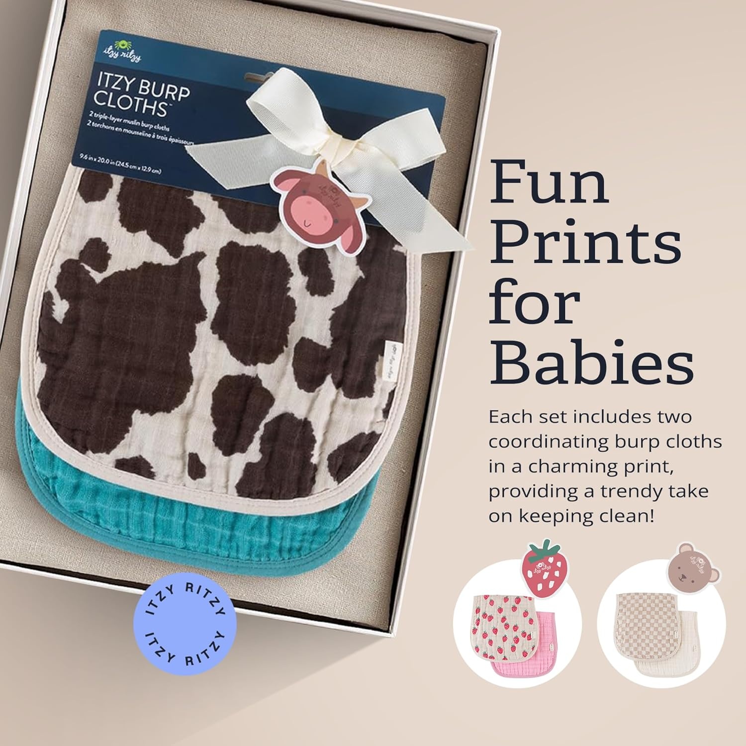 image:imageItzy Ritzy Set of 2 Baby Burp Cloths UltraSoft Absorbent Burping Cloths for Babies Made of 100 Cotton Muslin and Generously Sized with Trendy Coordinating Prints Machine Washable StrawberryCow Print