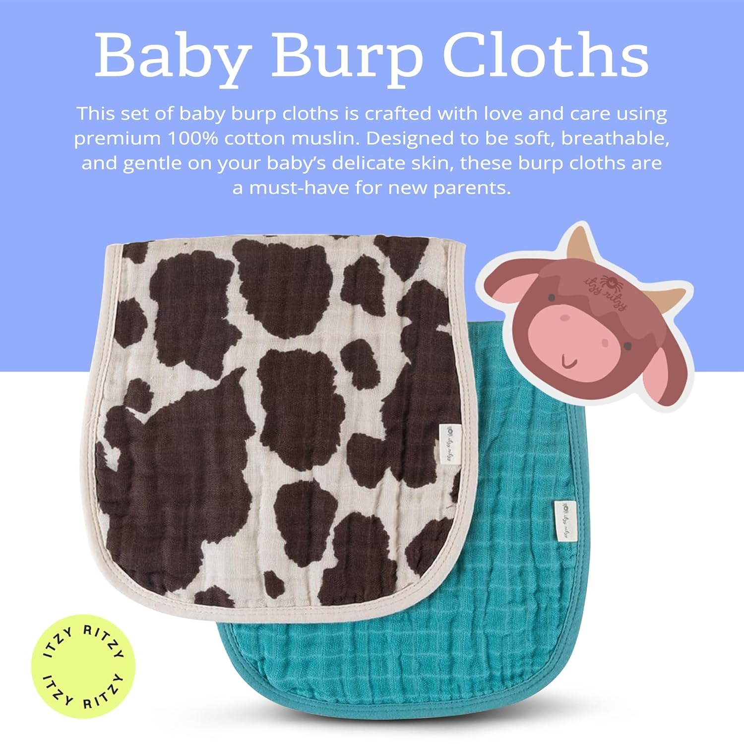 image:imageItzy Ritzy Set of 2 Baby Burp Cloths UltraSoft Absorbent Burping Cloths for Babies Made of 100 Cotton Muslin and Generously Sized with Trendy Coordinating Prints Machine Washable StrawberryCow Print