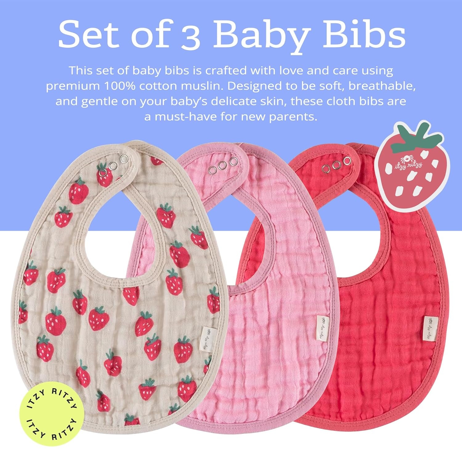 image:imageItzy Ritzy Set of 3 Baby Bibs UltraSoft Adjustable Infant amp Toddler Bibs Made of TripleLayer Cotton Muslin Ideal for Drooling Teething amp Eating 3 Stylish Coordinating Prints CheckerboardStrawberry