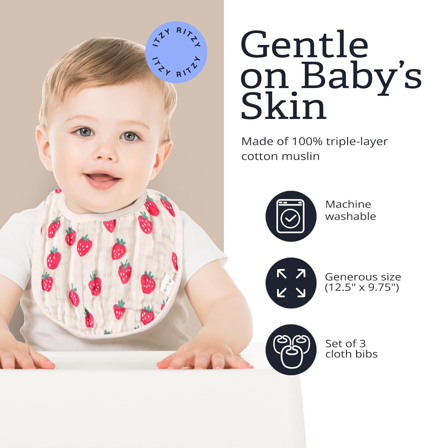 image:imageItzy Ritzy Set of 3 Baby Bibs UltraSoft Adjustable Infant amp Toddler Bibs Made of TripleLayer Cotton Muslin Ideal for Drooling Teething amp Eating 3 Stylish Coordinating Prints CheckerboardStrawberry