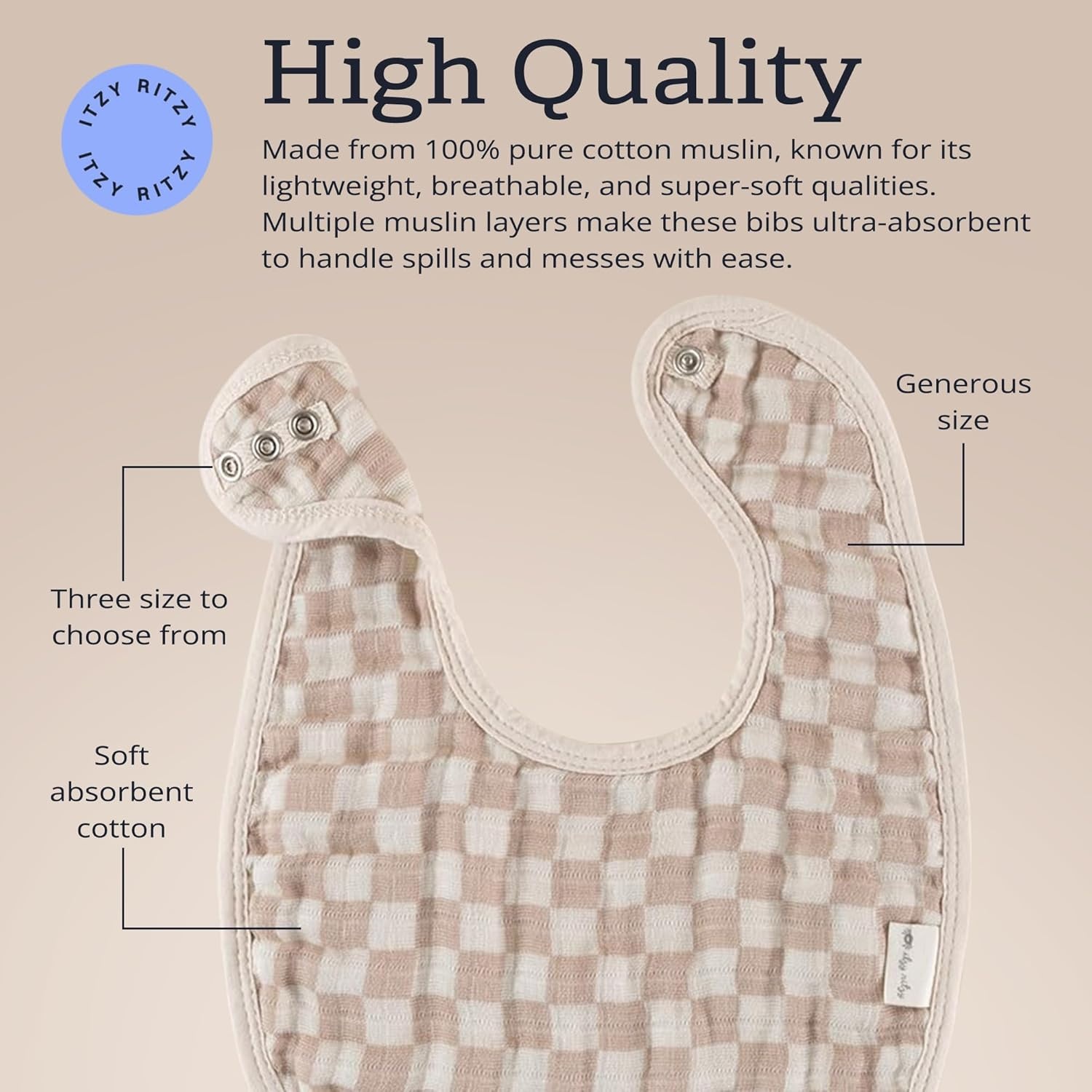 image:imageItzy Ritzy Set of 3 Baby Bibs UltraSoft Adjustable Infant amp Toddler Bibs Made of TripleLayer Cotton Muslin Ideal for Drooling Teething amp Eating 3 Stylish Coordinating Prints CheckerboardCheckerboard