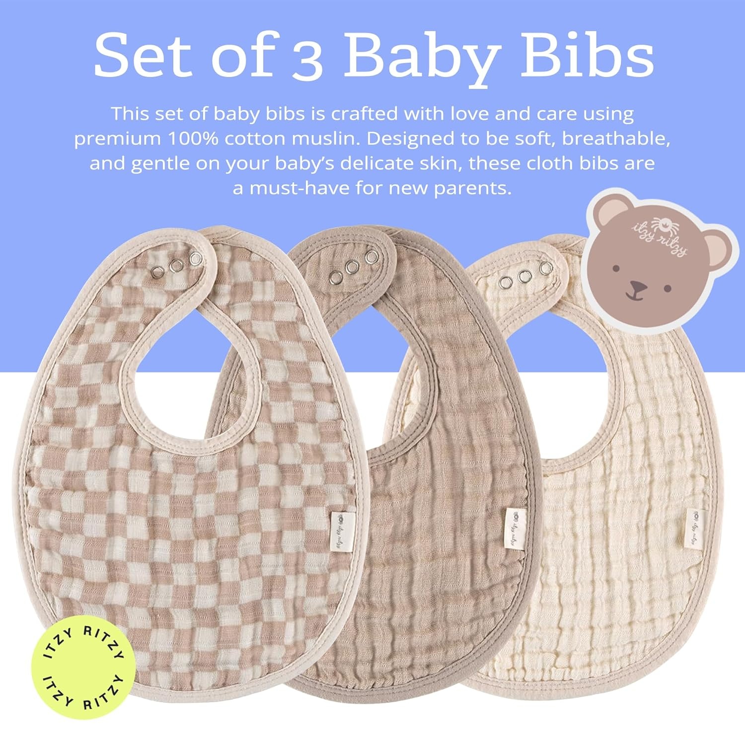 image:imageItzy Ritzy Set of 3 Baby Bibs UltraSoft Adjustable Infant amp Toddler Bibs Made of TripleLayer Cotton Muslin Ideal for Drooling Teething amp Eating 3 Stylish Coordinating Prints CheckerboardCheckerboard