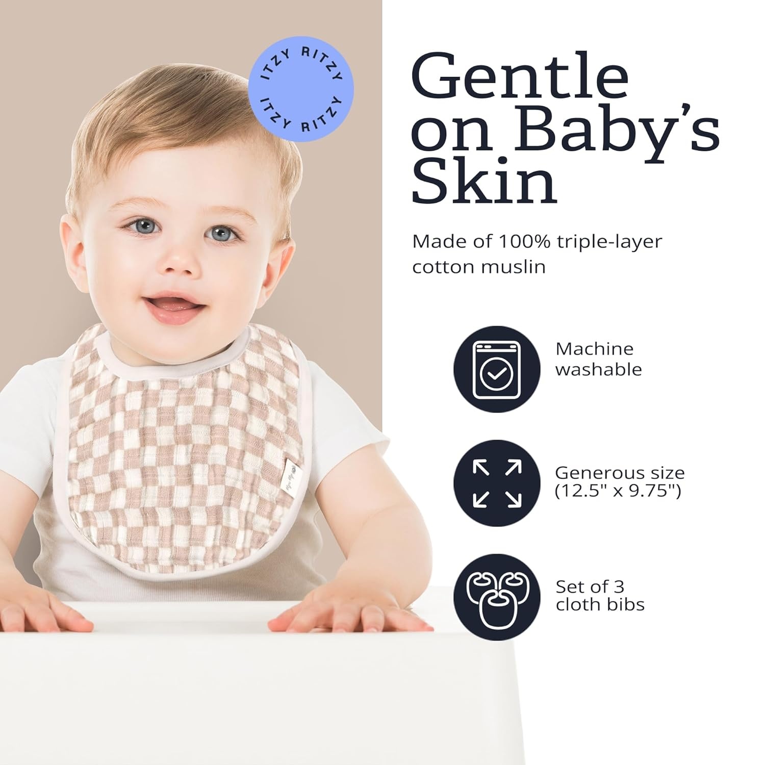image:imageItzy Ritzy Set of 3 Baby Bibs UltraSoft Adjustable Infant amp Toddler Bibs Made of TripleLayer Cotton Muslin Ideal for Drooling Teething amp Eating 3 Stylish Coordinating Prints CheckerboardCheckerboard