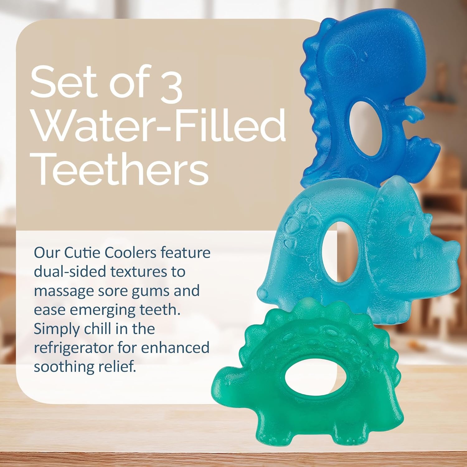 image:imageItzy Ritzy WaterFilled Teethers Cold Cutie Coolers Textured On Both Sides to Massage Sore Gums amp Emerging Teeth Can Be Chilled in Refrigerator Set of 3 Seaside Water TeethersDinosaur