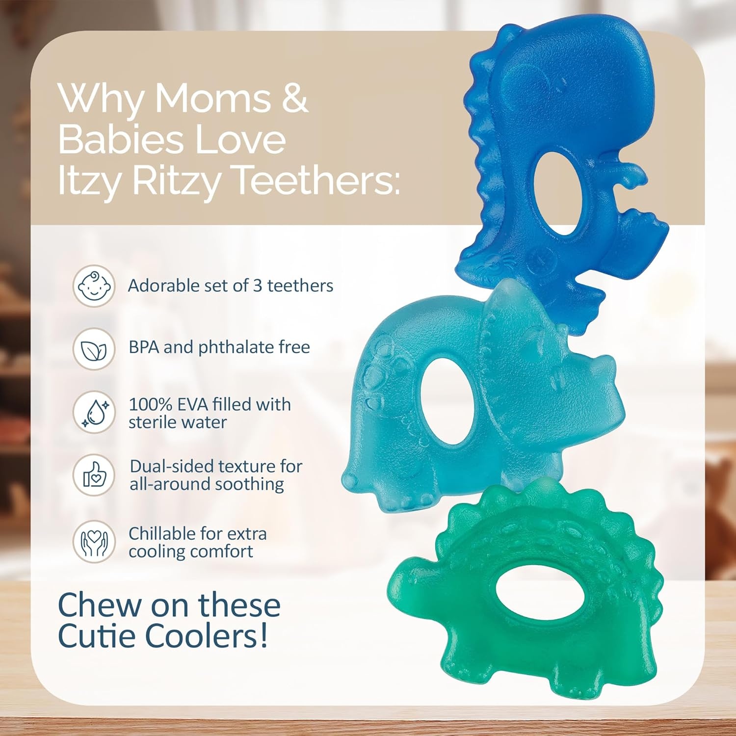 image:imageItzy Ritzy WaterFilled Teethers Cold Cutie Coolers Textured On Both Sides to Massage Sore Gums amp Emerging Teeth Can Be Chilled in Refrigerator Set of 3 Green Cactus Water TeethersDinosaur