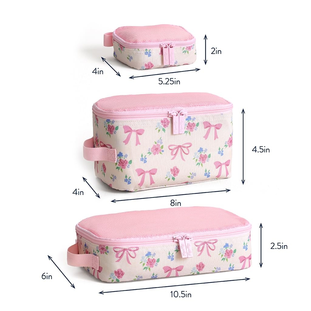 image:imageItzy Ritzy Packing Cubes For Travel Set of 3 Packing Cubes or Travel Organizers Each Cube Features a Mesh Top Double Zippers and a Fabric Handle Purple DinosaursRibbons Roses