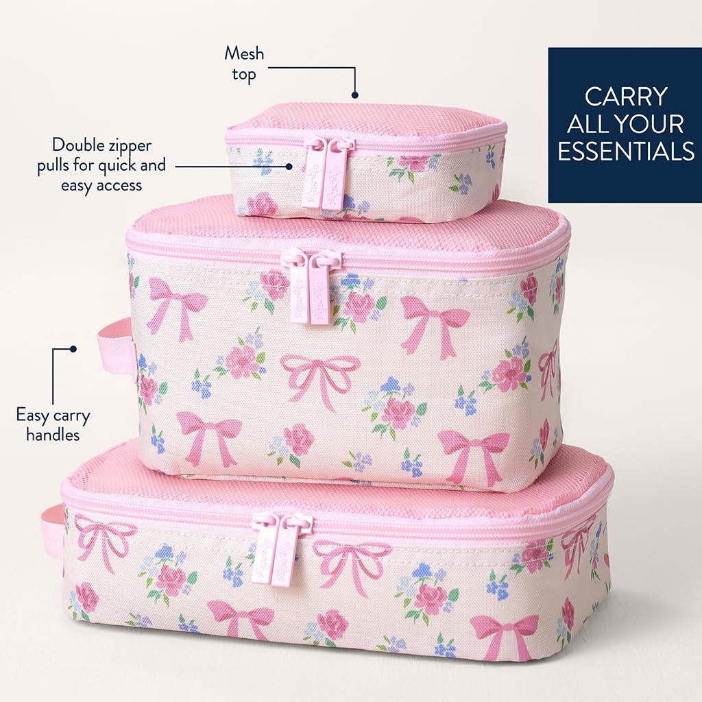 image:imageItzy Ritzy Packing Cubes For Travel Set of 3 Packing Cubes or Travel Organizers Each Cube Features a Mesh Top Double Zippers and a Fabric Handle Purple DinosaursRibbons Roses