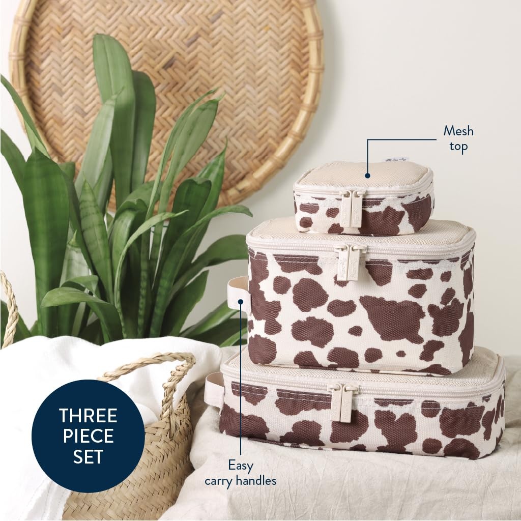 image:imageItzy Ritzy Packing Cubes For Travel Set of 3 Packing Cubes or Travel Organizers Each Cube Features a Mesh Top Double Zippers and a Fabric Handle Purple DinosaursCow Print