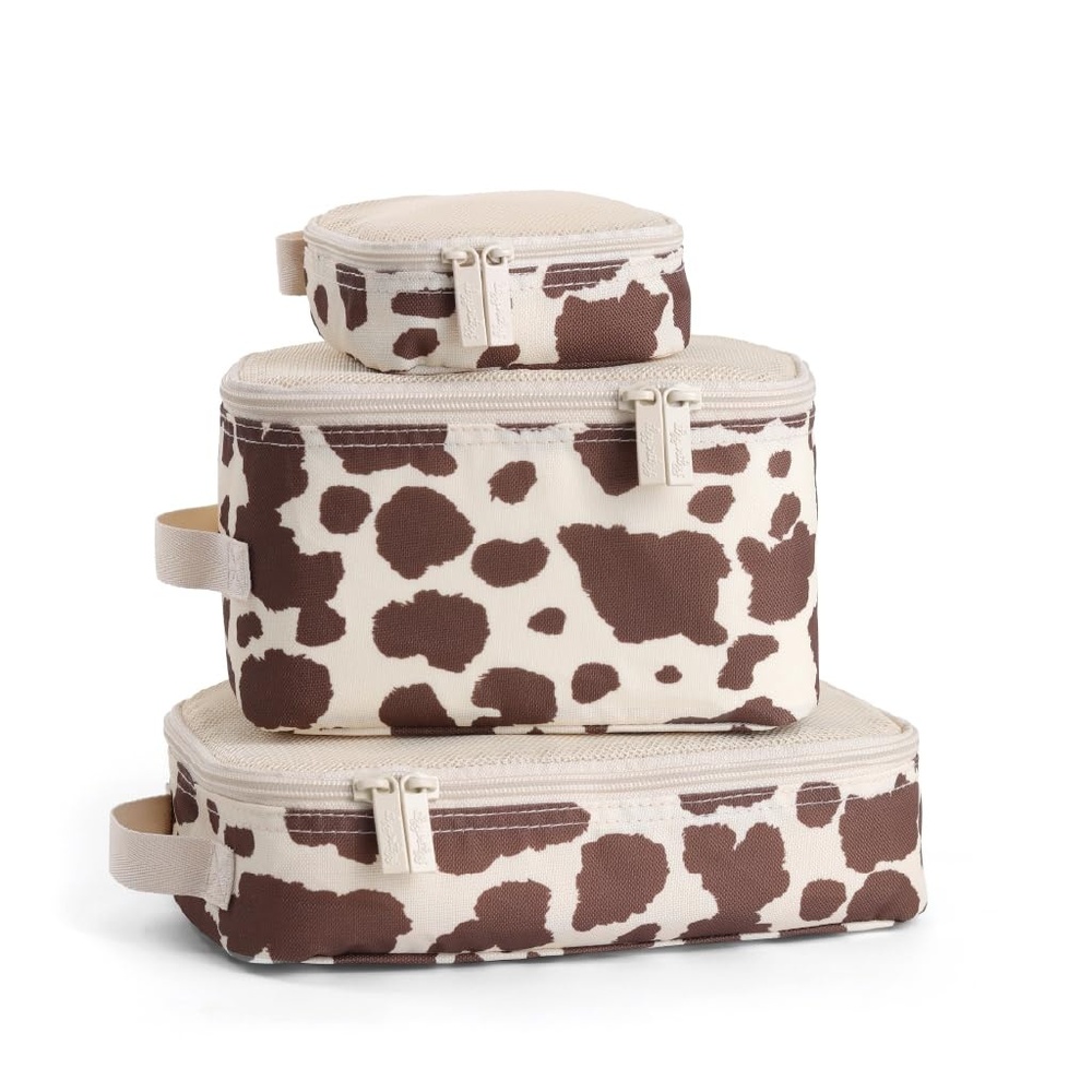 image:imageItzy Ritzy Packing Cubes For Travel Set of 3 Packing Cubes or Travel Organizers Each Cube Features a Mesh Top Double Zippers and a Fabric Handle Purple DinosaursCow Print