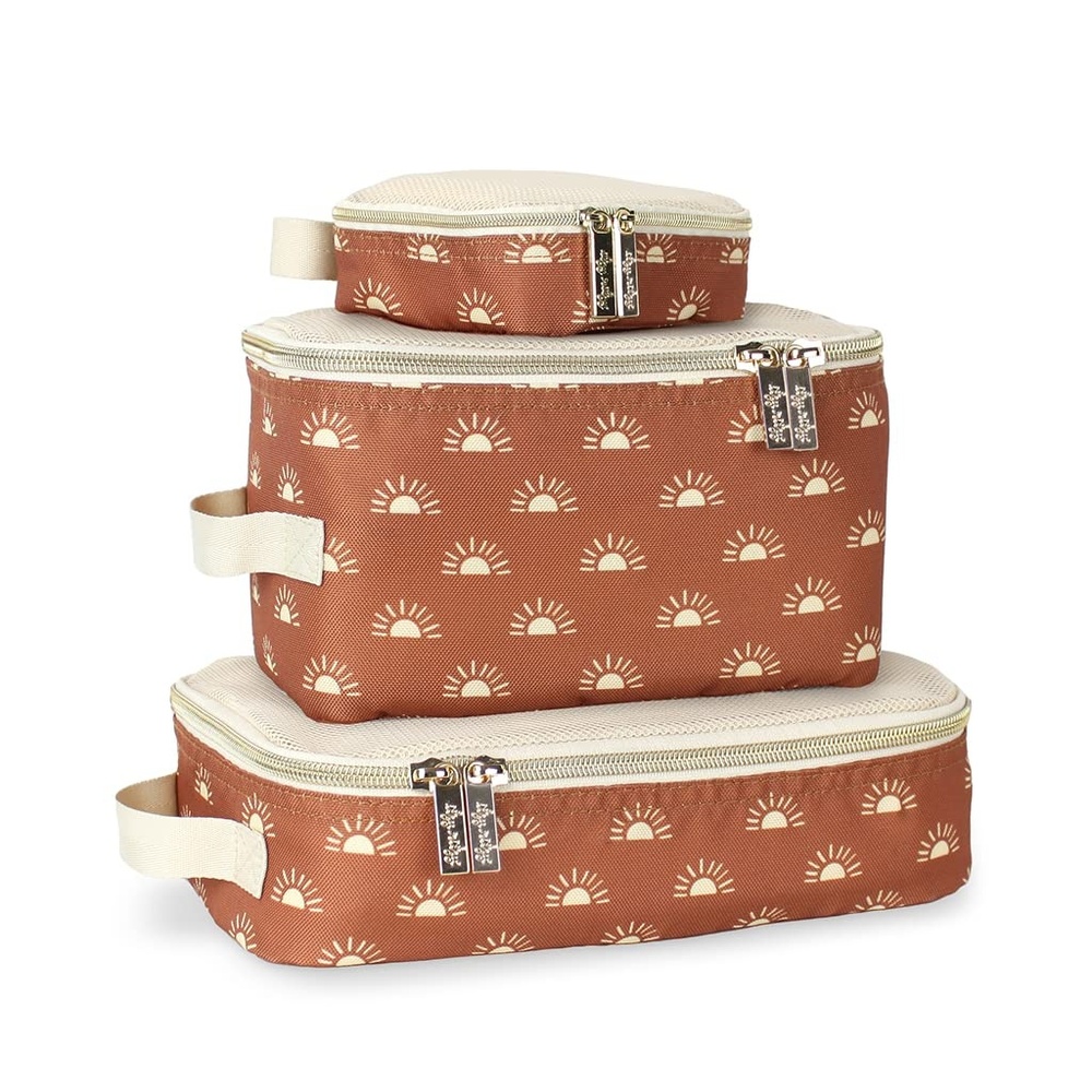 image:imageItzy Ritzy Packing Cubes For Travel Set of 3 Packing Cubes or Travel Organizers Each Cube Features a Mesh Top Double Zippers and a Fabric Handle Purple DinosaursTerracotta Sunrise