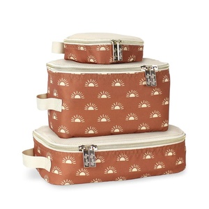 image:imageItzy Ritzy Packing Cubes For Travel  Set of 3 Packing Cubes or Travel Organizers  Each Cube Features a Mesh Top Double Zippers and a Fabric Handle Purple DinosaursTerracotta Sunrise
