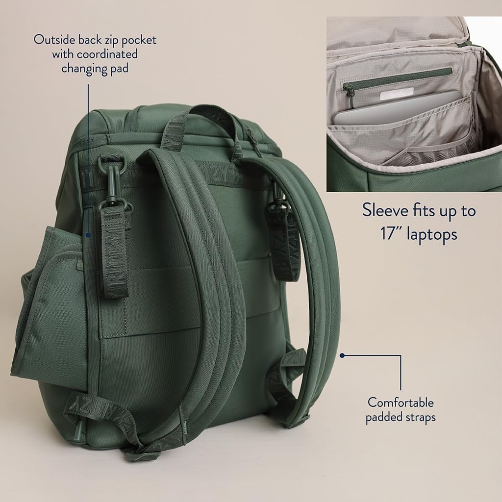 image:imageItzy Ritzy Belong Bucket Backpack Lightweight Diaper Bag Backpack Featuring 16 Pockets Bucket Top Opening Stroller Straps amp Changing Pad Organized and Stylish Everyday Family Backpack GreenHunter Green