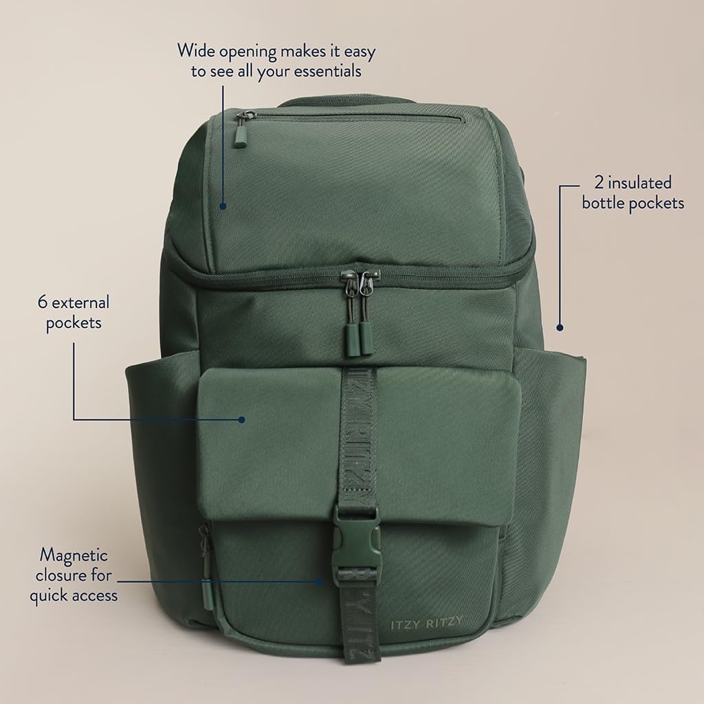 image:imageItzy Ritzy Belong Bucket Backpack Lightweight Diaper Bag Backpack Featuring 16 Pockets Bucket Top Opening Stroller Straps amp Changing Pad Organized and Stylish Everyday Family Backpack GreenHunter Green