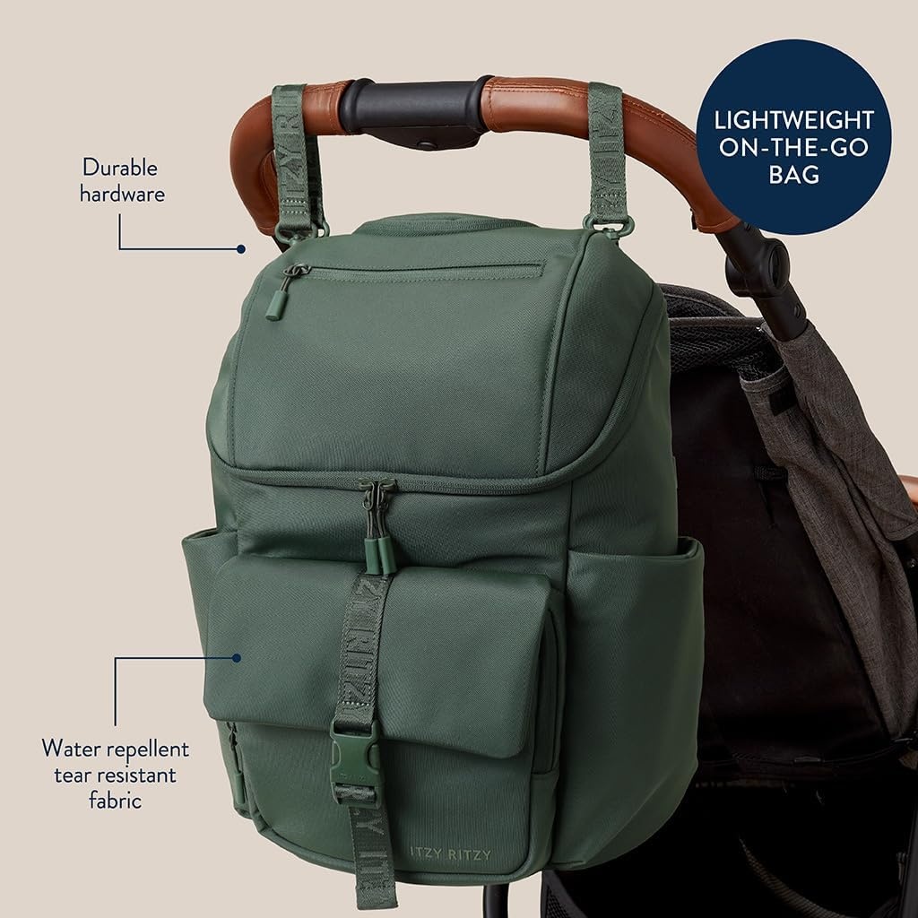 image:imageItzy Ritzy Belong Bucket Backpack Lightweight Diaper Bag Backpack Featuring 16 Pockets Bucket Top Opening Stroller Straps amp Changing Pad Organized and Stylish Everyday Family Backpack GreenHunter Green