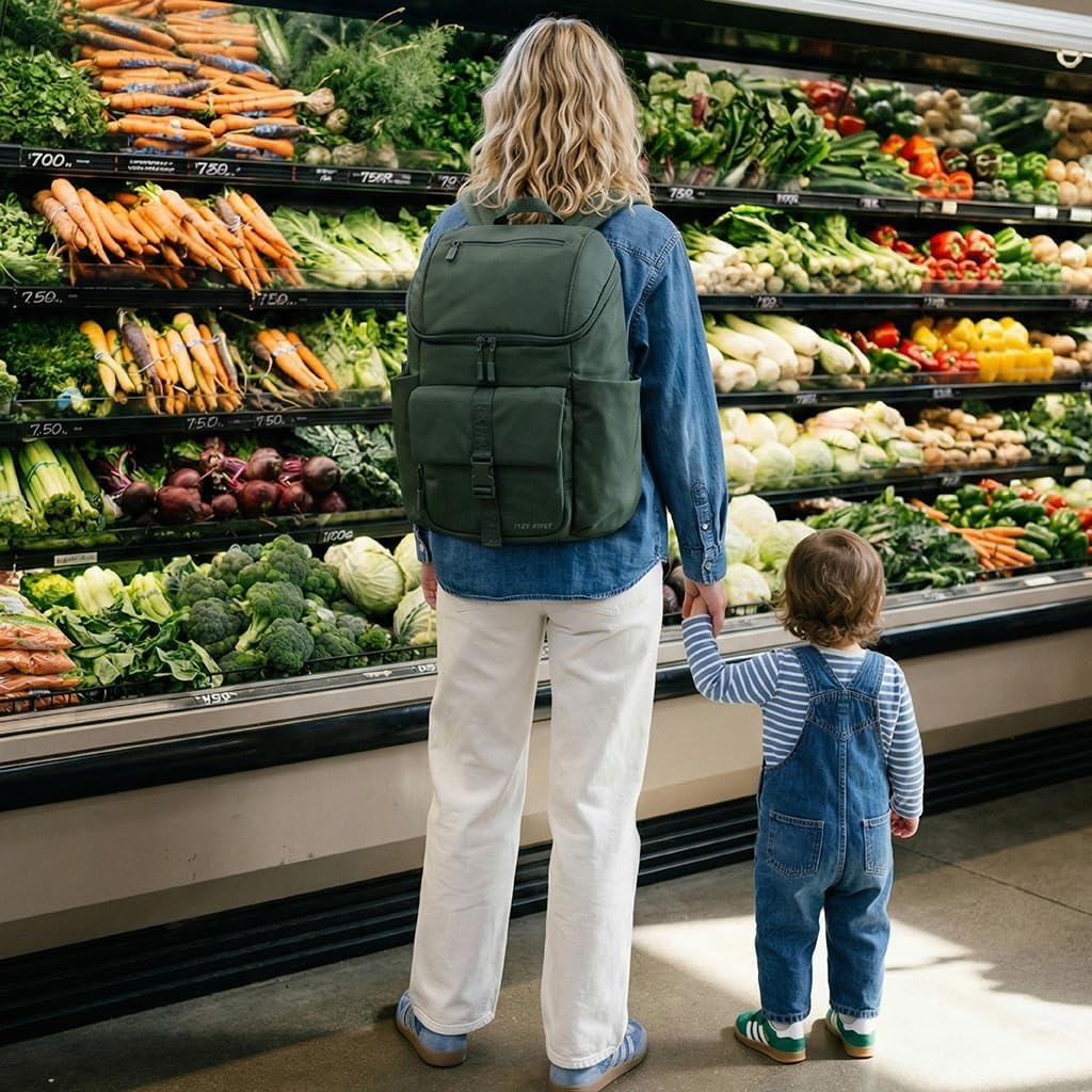 image:imageItzy Ritzy Belong Bucket Backpack Lightweight Diaper Bag Backpack Featuring 16 Pockets Bucket Top Opening Stroller Straps amp Changing Pad Organized and Stylish Everyday Family Backpack GreenHunter Green