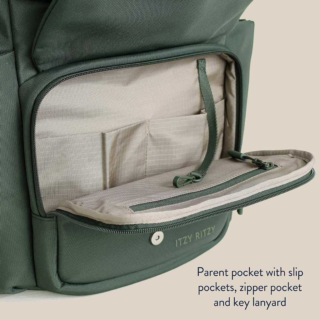 image:imageItzy Ritzy Belong Bucket Backpack Lightweight Diaper Bag Backpack Featuring 16 Pockets Bucket Top Opening Stroller Straps amp Changing Pad Organized and Stylish Everyday Family Backpack GreenHunter Green
