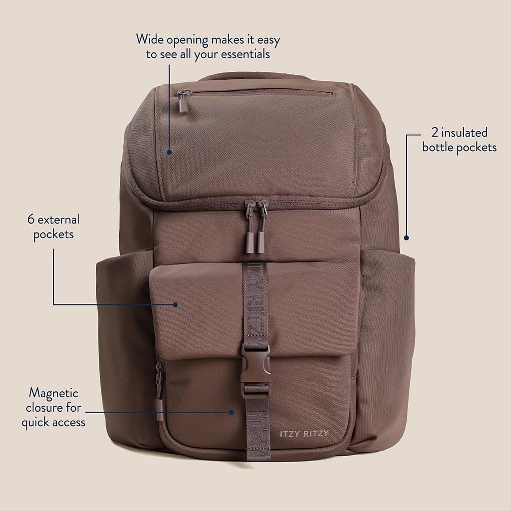 image:imageItzy Ritzy Belong Bucket Backpack Lightweight Diaper Bag Backpack Featuring 16 Pockets Bucket Top Opening Stroller Straps amp Changing Pad Organized and Stylish Everyday Family Backpack GreenChocolate