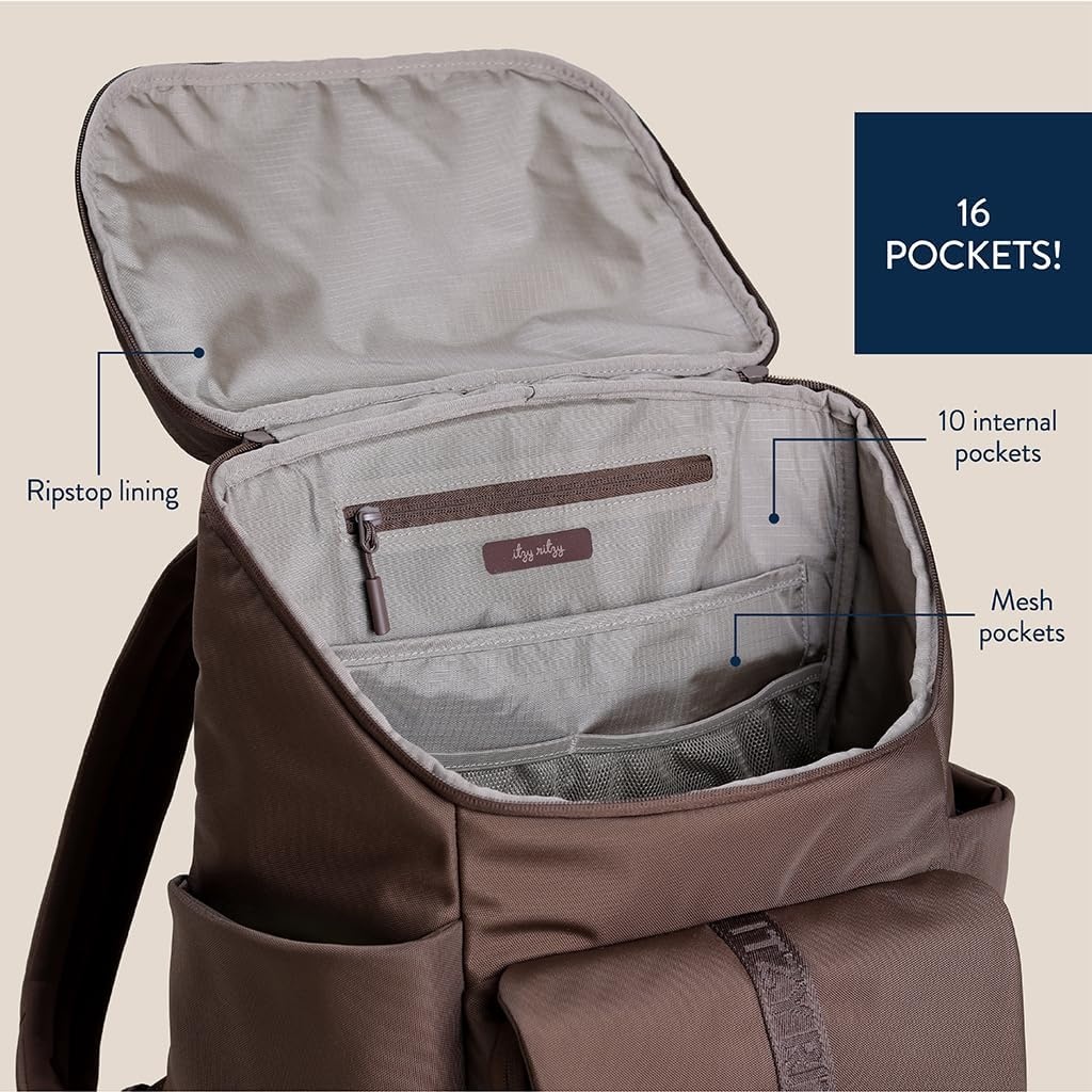 image:imageItzy Ritzy Belong Bucket Backpack Lightweight Diaper Bag Backpack Featuring 16 Pockets Bucket Top Opening Stroller Straps amp Changing Pad Organized and Stylish Everyday Family Backpack GreenChocolate