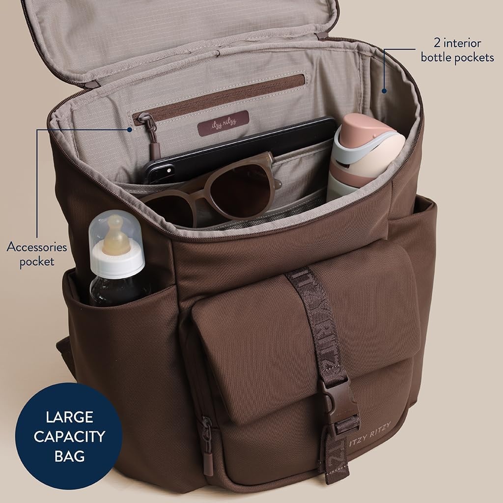image:imageItzy Ritzy Belong Bucket Backpack Lightweight Diaper Bag Backpack Featuring 16 Pockets Bucket Top Opening Stroller Straps amp Changing Pad Organized and Stylish Everyday Family Backpack GreenChocolate