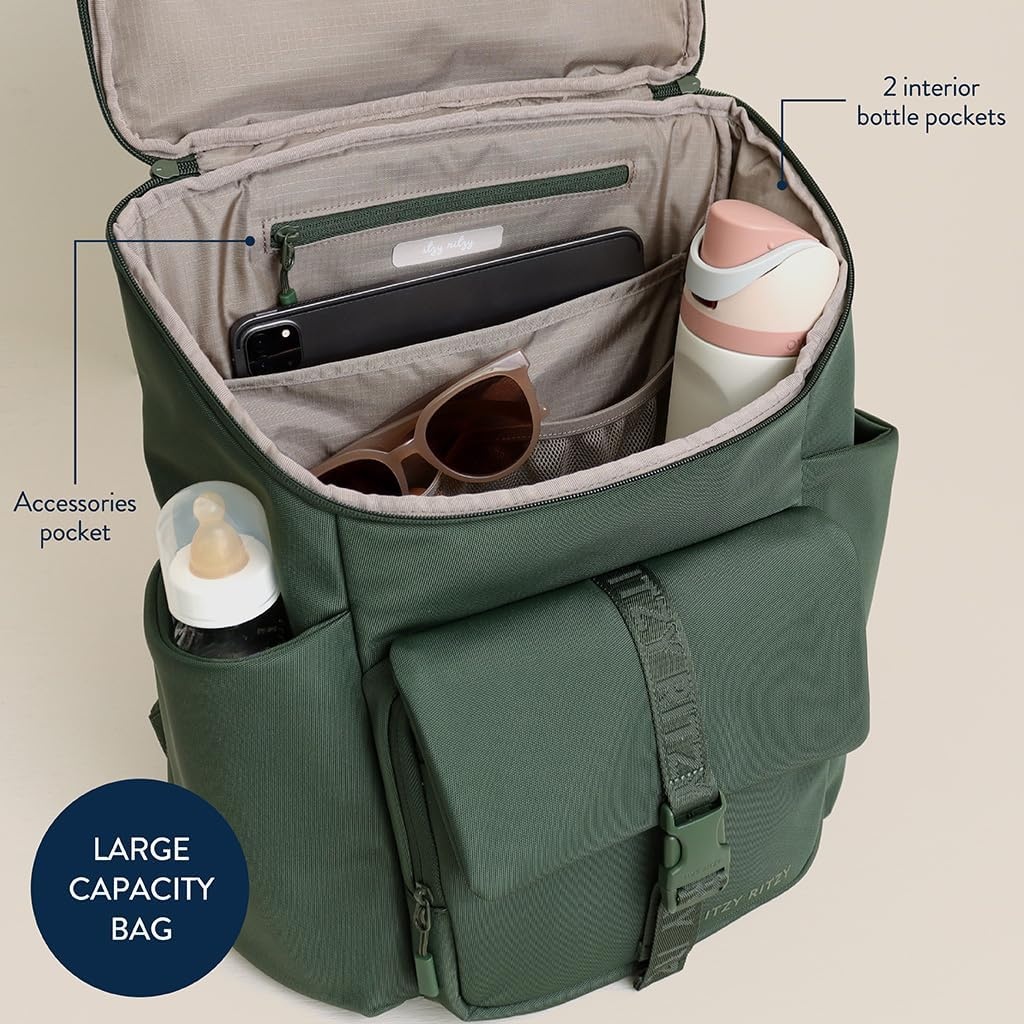 image:imageItzy Ritzy Belong Bucket Backpack Lightweight Diaper Bag Backpack Featuring 16 Pockets Bucket Top Opening Stroller Straps amp Changing Pad Organized and Stylish Everyday Family Backpack GreenHunter Green