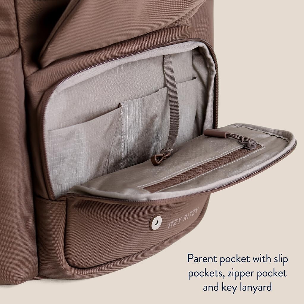 image:imageItzy Ritzy Belong Bucket Backpack Lightweight Diaper Bag Backpack Featuring 16 Pockets Bucket Top Opening Stroller Straps amp Changing Pad Organized and Stylish Everyday Family Backpack GreenChocolate