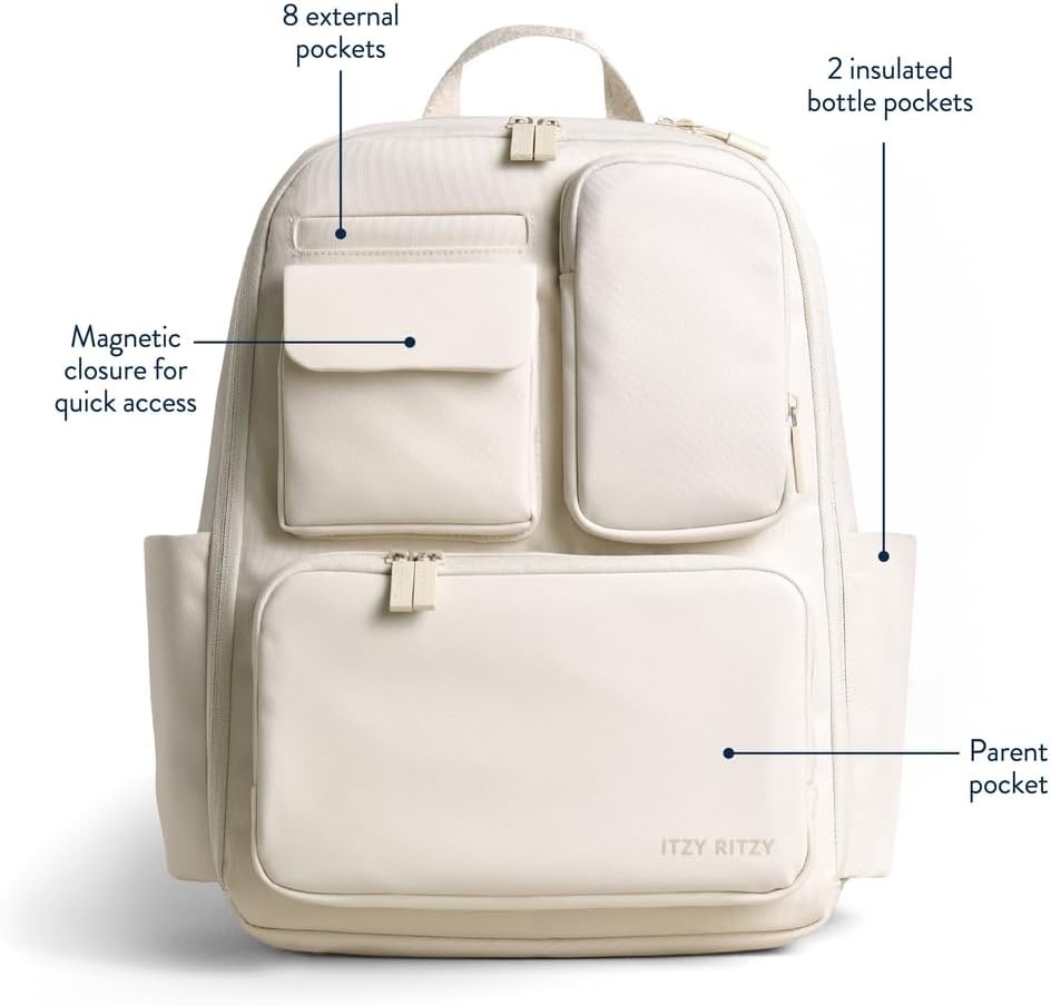 image:imageItzy Ritzy Utility Diaper Bag Backpack Features 17 Pockets Including 2 Insulated Bottle Holders amp Trolley Sleeve and Includes Stroller Straps amp Changing Pad Part of the Belong Collection GreenCream