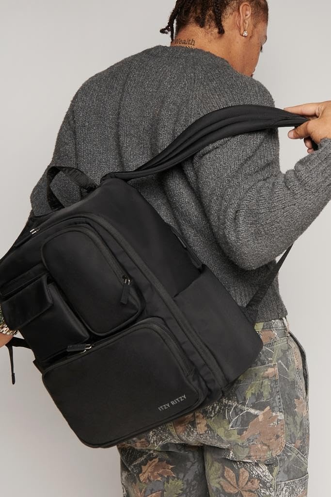 image:imageItzy Ritzy Utility Diaper Bag Backpack Features 17 Pockets Including 2 Insulated Bottle Holders amp Trolley Sleeve and Includes Stroller Straps amp Changing Pad Part of the Belong Collection GreenBlack