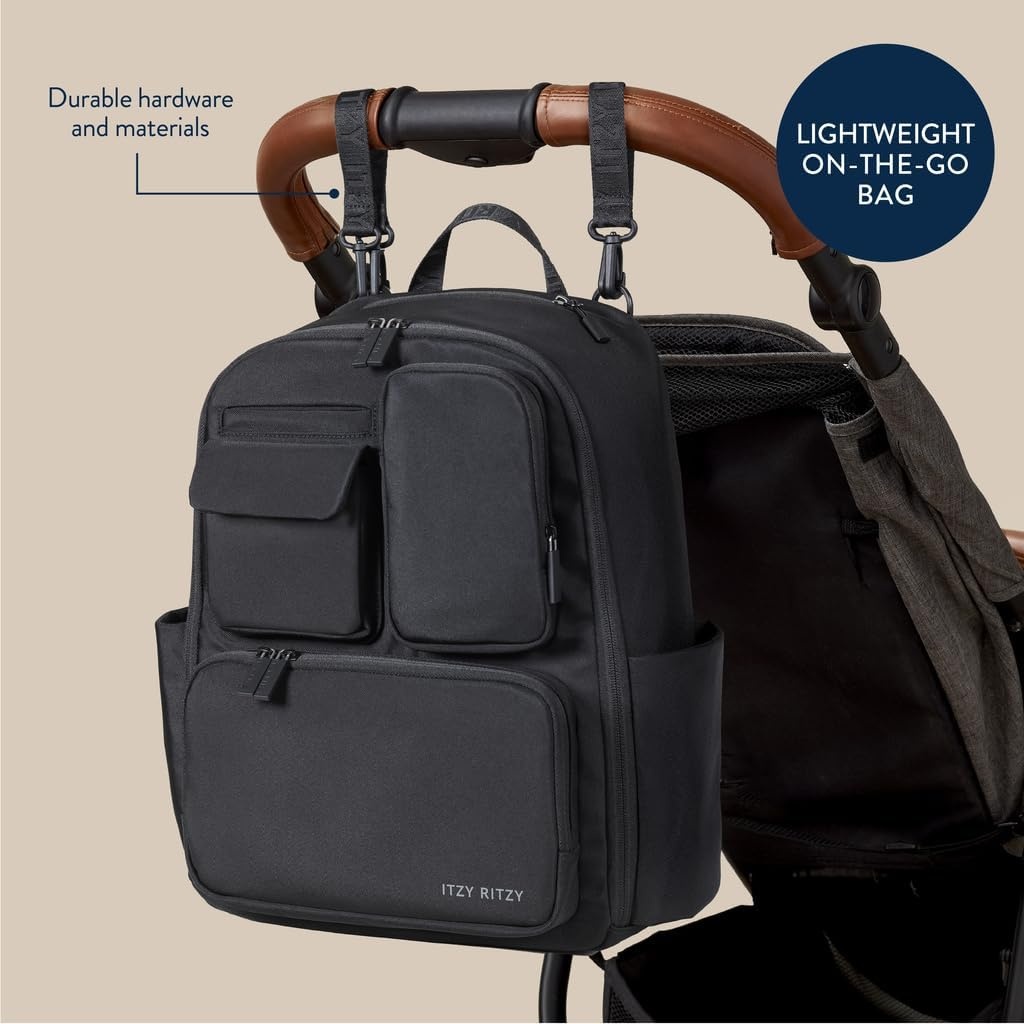 image:imageItzy Ritzy Utility Diaper Bag Backpack Features 17 Pockets Including 2 Insulated Bottle Holders amp Trolley Sleeve and Includes Stroller Straps amp Changing Pad Part of the Belong Collection GreenBlack