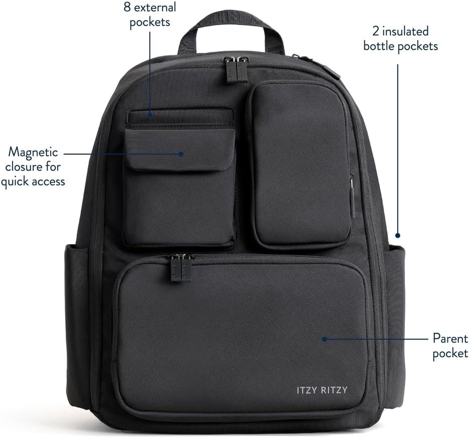 image:imageItzy Ritzy Utility Diaper Bag Backpack Features 17 Pockets Including 2 Insulated Bottle Holders amp Trolley Sleeve and Includes Stroller Straps amp Changing Pad Part of the Belong Collection GreenBlack